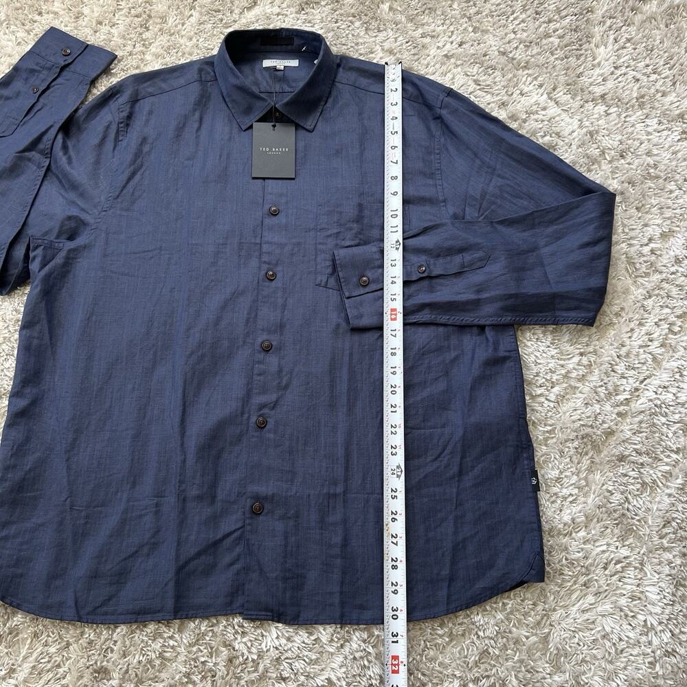 Ted Baker Button Up Linen Shirt Men Size 7 Navy Slim Fit Long Sleeves $160 NEW - Picture 5 of 10